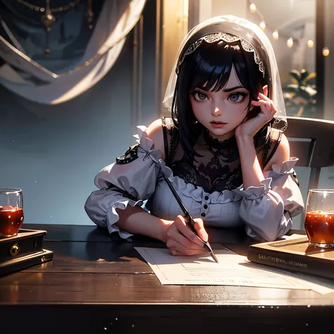 A 3D rendering of a peculiar creature emerges from the forgotten cellphone lying on the table, donning a tattered and worn white dress that appears almost translucent. Its short, black hair veils its face in mystery, and it is covered in a thick layer of d...