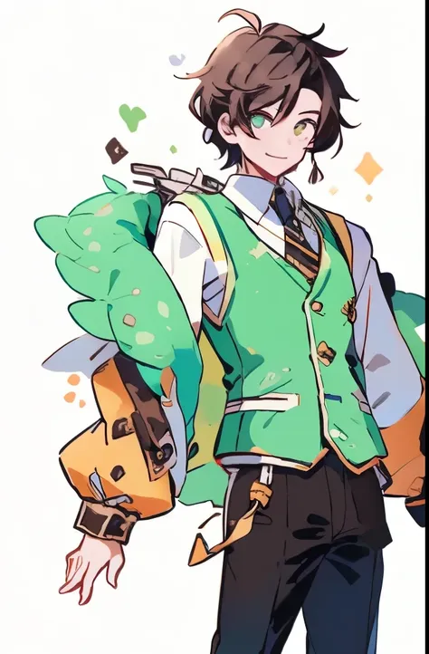 1boy, virtual youtuber, male focus, solo, green jacket, jacket, brown footwear, necktie, brown vest, green eyes, pants, full bod...