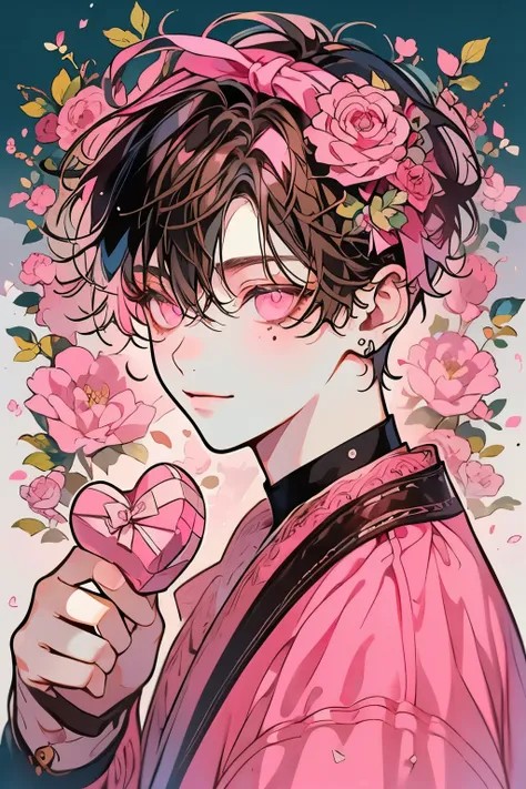 (muste piece), (best quality), very detailed, ((1 boy)), solo focus，perfect face, beautiful face, very detailed顔，(brown haired boy:1.3)，(pink eyes:1.3)，flower，chocolate，Valentine，ribbon，heart，Light，smile，long eyelashes