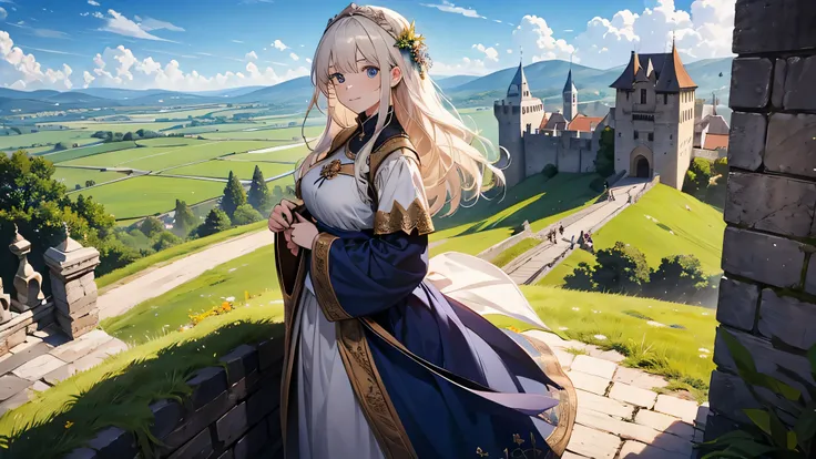 Create an image of a young woman dressed in a medieval costume, standing on the walls of the medieval castle, admiring the landscape of the verdant hills and the clear blue sky, detailed face, beautiful face, Most of the town girls living in the castle tow...