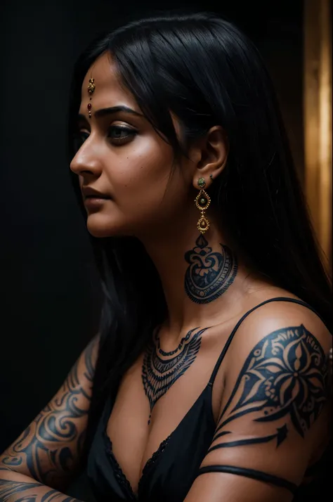 Looks like Anushka Shetty, her neck tattoo is alive, it rises from 2D skin surface to 3D life, flowing from her skin into her dark shadow world, it rises from the haunted woman, the beautiful intricacy of the tattooed line lives and breathes, it becomes so...