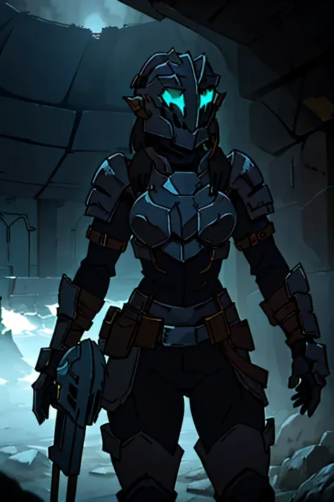 ((female)), (goblin slayers helmet), (dead space), knight, gothic style, the chest armor looks like a tower battlements