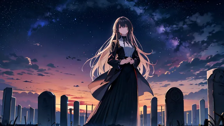 A long-haired adult woman in mourning clothes with a long skirt looking sadly at the sky in front of a grave marker with a beautiful night sky view