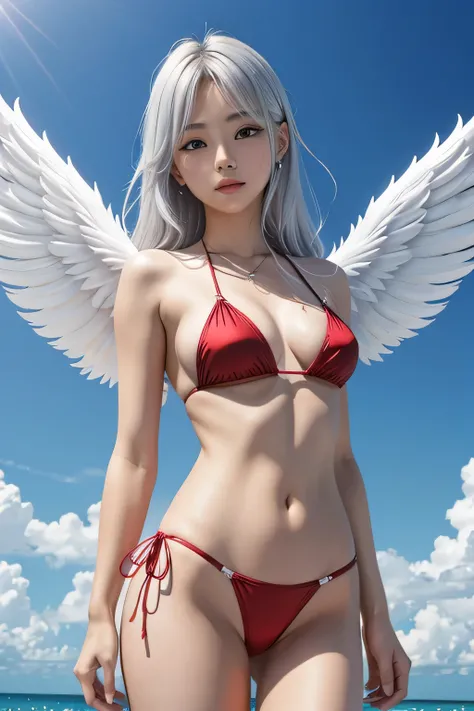 Female Angel、Angel&#39;wing、silver hair、red bikini、background is sky