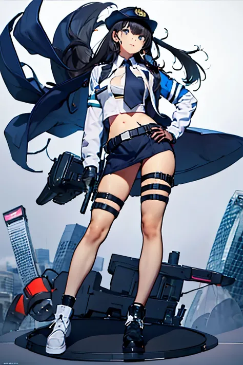 【Highest Quality, masutepiece】 [1 girl,expressioness, Female Police Officer ,Jet black head of hair, beautifull detailed face, Very blue eyes, large full breasts, Long hair fluttering in the wind, jet-black hair, Serious look, Full body] (Gray white backgr...