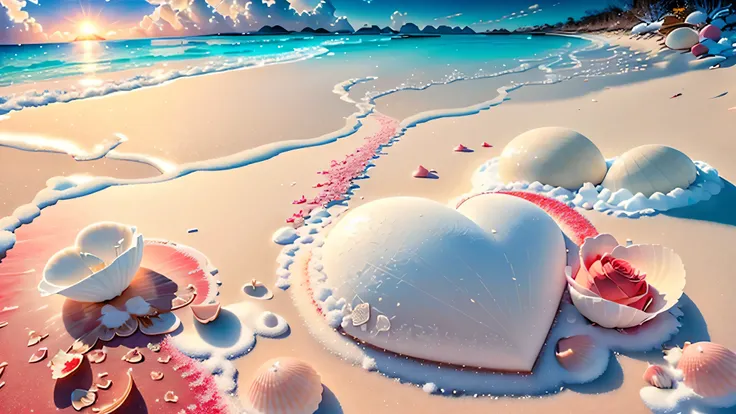 delicate scene,depth of field, 8k, The ivory sky,Baiyun,The sun shines on the snow-white sand. The coral sea,There are many colorful rose shells on the beach,Red rose, heart shaped rose focus, 