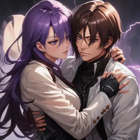 Kusanagi Kyo hugging Athena Asamyia,he is a Man,she is a Girl,white jacket, fingerless gloves, Kusanagi Kyo KoF 2002, illustration,oil painting,(best quality,4k,8k,highres,masterpiece:1.2),ultra-detailed,realistic,long hair flowing,beautiful detailed eyes,...