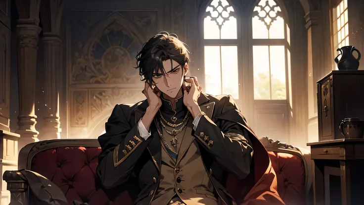 A tired young handsome man sat alone on the sofa, holding his face in his hands and looking sad, prince, medieval, knight, highly detailed face, There was a dreary atmosphere in the room, and sunlight poured in through the windows, reflecting his lost figu...