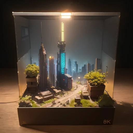 small realistic model, (8k, original photo, best quality, masterpiece:1.4),Steampunk Cyberpunk City,(Cyberpunk light:1.3),on the table,horizon (related to land),(in a small nature box:1.3),Isometric, small nature, landscape on foundation,landscape,