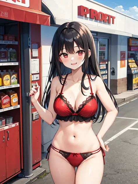 (1) One woman stands wearing a red lace bra and panties。.
(2) she has long black hair.
(3) her face is smiling and laughing.
(4) The location is a convenience store parking lot..