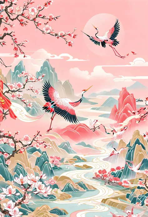 (golden section composition), (golden ratio), mountain, river, tree, peach blossom, spring, the red-crowned crane spreads its wi...