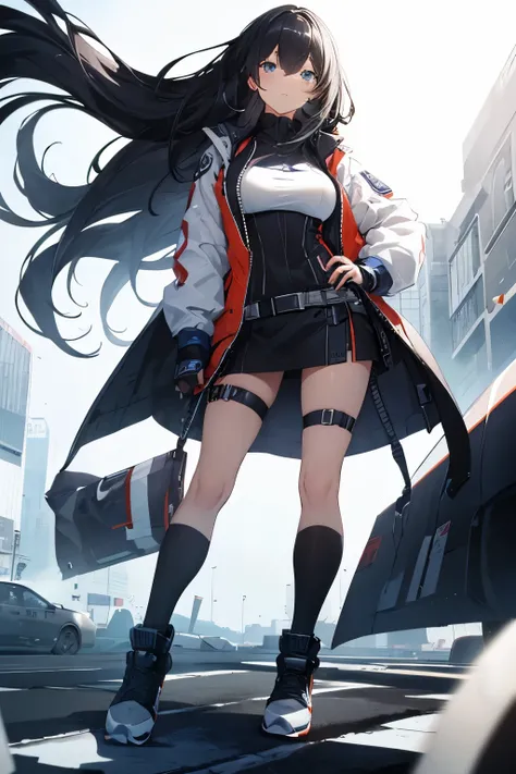 【Highest Quality, masutepiece】 [1 girl,expressioness, Female Police Officer ,Jet black head of hair, beautifull detailed face, Very blue eyes, large full breasts, Long hair fluttering in the wind, jet-black hair, Serious look, Full body] (Gray white backgr...