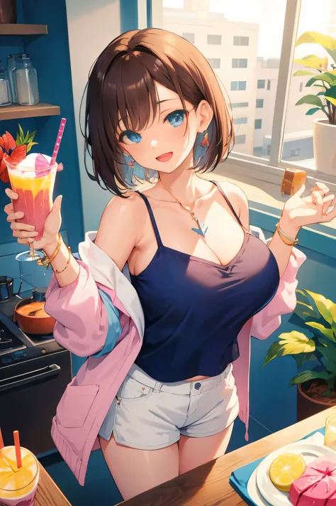 -galgame style, 1girl, brown hair, solo, short hair, indoors, smoothie, white shorts, looking at viewer, plant, smile, blue eyes, open mouth, kitchen, shorts, holding, smoothie, potted plant, big breasts, blush, camisole, collarbone, jacket, earrings, jewe...