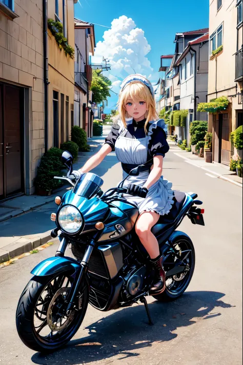 a woman in anime outfit riding a motorcycle through a cobble street, 1girl, blonde hair, solo, outdoors, blue eyes, ground vehicle, apron, motorcycle, maid headdress, motor vehicle, dress, day, building, sky, maid, short sleeves, striped, black footwear, f...