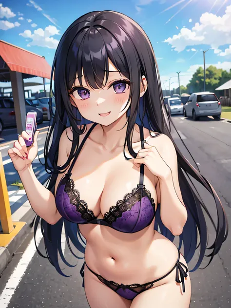 (1) One woman stands wearing a purple lace bra and panties。.
(2) she has long black hair.
(3) her face is smiling and laughing.
(4) The location is a convenience store parking lot..