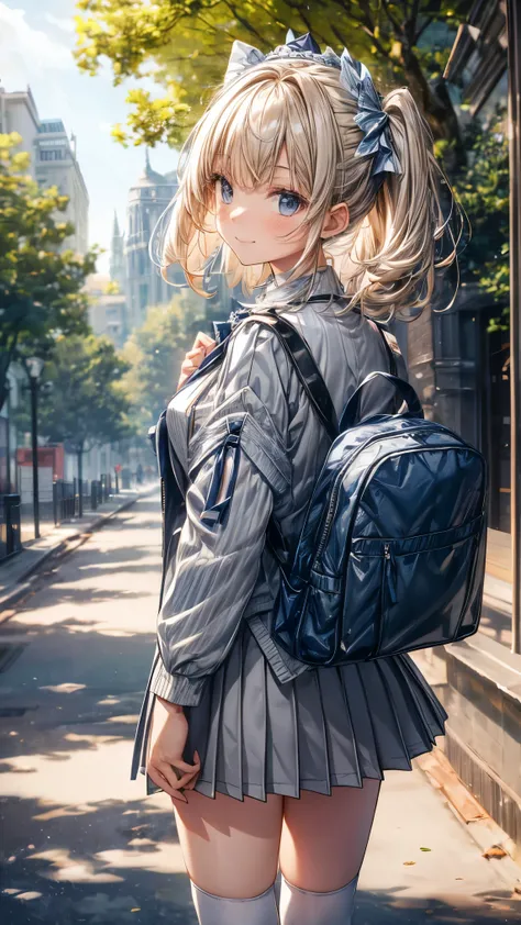 8K resolution, delicate features, , single, unique student, smile, blonde, princess cut, (((Gray-blue bolero-length collared jacket))),(((white blouse))),Dark blue mini pleated skirt,red large symmetrical ribbon, white knee high socks,black loafers,(((Beau...