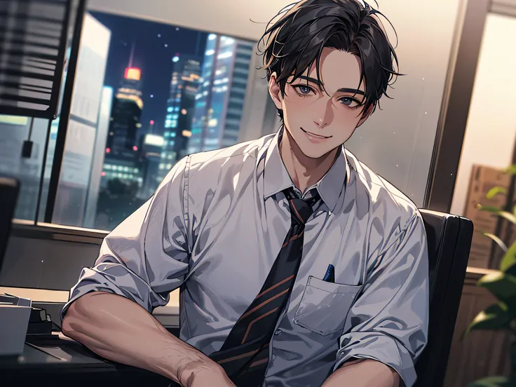 ビューアーにカベドン,((close up)),dramatic angle,masterpiece,(middle aged male),((おじさん)),((40-year-old)),upper body shot, smile,business Suit,tie,1 guy, solo,Black top, short hair,looking at viewer,office,(night)