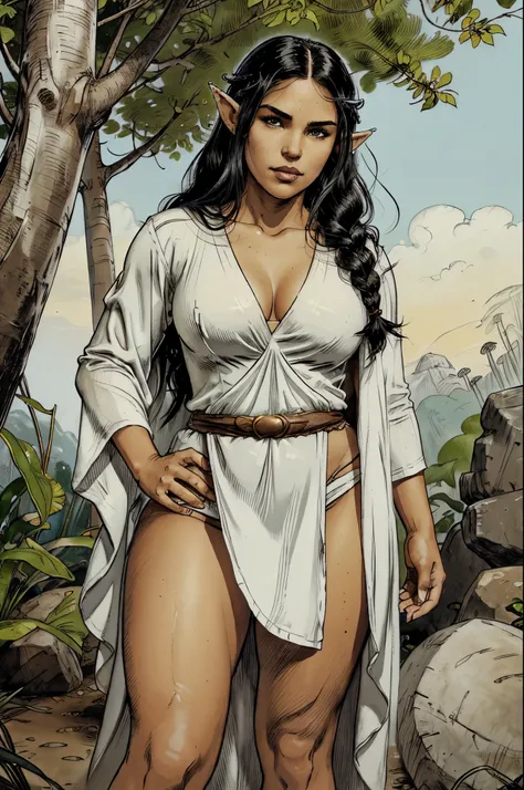 (Latina elf girl, dark caramel skin, white priestess robe, white short pants, sandals), brutal smirk face, plump lips, (black hair, very long and thick braid), yellow eyes, fitness figure, (detailed portrait, focus face), jungle temple, standing pose