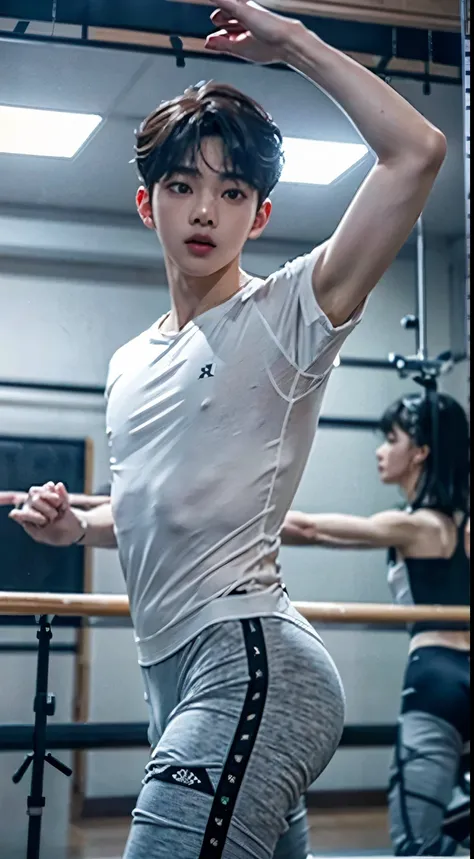 ((((Son Dongpyo face and hair)))),  ((in dance practice room)),  ((practicing male ballet with ejaculating dick)),  ((wearing body pressed white and gray tight ballet shirt)),  ((from feet shot)),  ((Dongpyo sexy face)),  Dongpyo hair,  perfect eyes,  real...