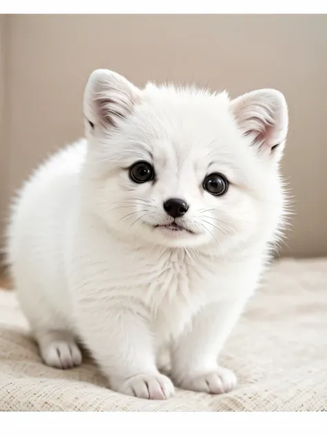 original photo, ridiculous, high quality, lifelike,cute pet, Super cute, hairy, Chubby arctic fox, white, short legs, Very round, white, short legs, Very round, photorealism, Super detailed, 50mm, f1. 4, 8k ultra high definition, gray film