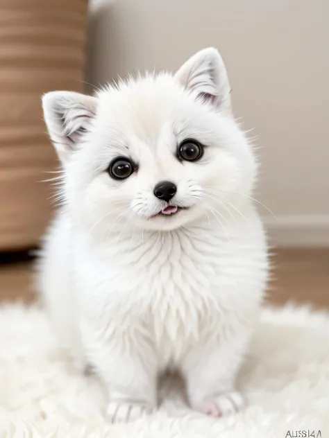 original photo, ridiculous, high quality, lifelike,cute pet, Super cute, hairy, Chubby arctic fox, white, short legs, Very round, white, short legs, Very round, photorealism, Super detailed, 50mm, f1. 4, 8k ultra high definition, gray film