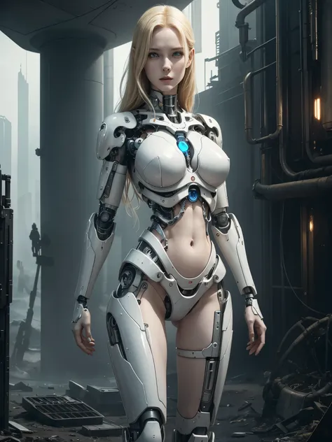 arafed a woman, standing alone, daylight, detail realistic, porcelain skin, very pale skin, very beautiful, blonde woman, many mechanical body organs, expose chest and belly, hands and legs are cyborg, mystical post apocalyptic cyborg, dystopian sci-fi sur...