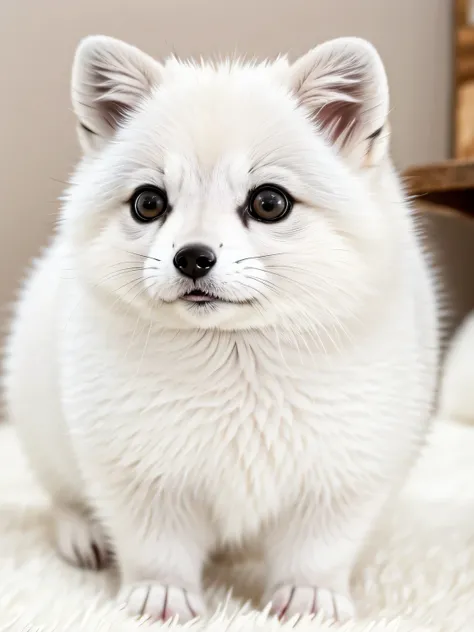 original photo, ridiculous, high quality, lifelike,cute pet, Super cute, hairy, Chubby arctic fox, white, short legs, Very round, white, short legs, Very round, photorealism, Super detailed, 50mm, f1. 4, 8k ultra high definition, gray film