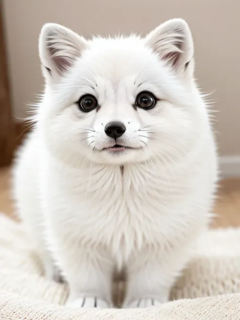 original photo, ridiculous, high quality, lifelike,cute pet, Super cute, hairy, Chubby arctic fox, white, short legs, Very round, white, short legs, Very round, photorealism, Super detailed, 50mm, f1. 4, 8k ultra high definition, gray film