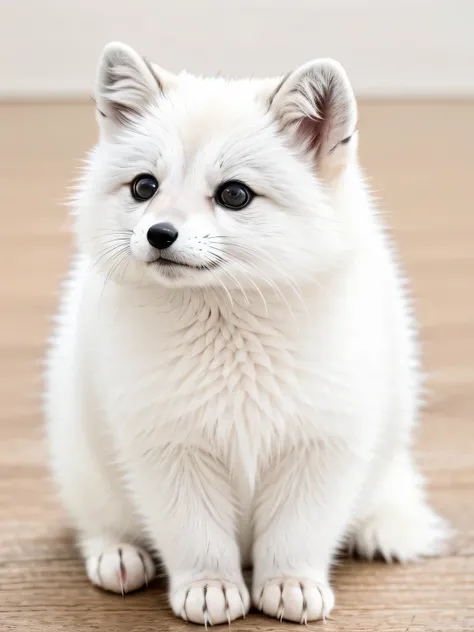 original photo, ridiculous, high quality, lifelike,cute pet, Super cute, hairy, Chubby arctic fox, white, short legs, Very round, white, short legs, Very round, photorealism, Super detailed, 50mm, f1. 4, 8k ultra high definition, gray film