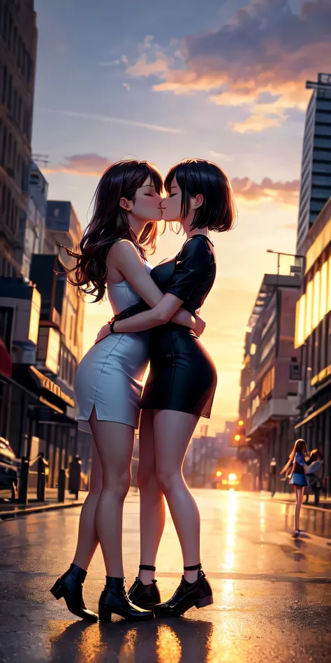 (masterpiece:1.4),(volumetric lighting:1.3), (2girls, yuri) , two girls ,standing , cityscape ,road , sunset , hug and kiss ,eyes closed , full body show , short tight dress , soft light , HDR , ultra detail
