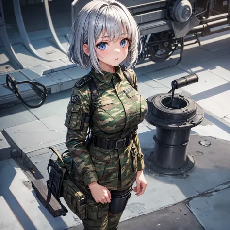 Masterpiece, perfect face, detailed eyes, girl, cute girl, wearing a camouflage uniform, big breasts, embarassed, silver hair, short hair