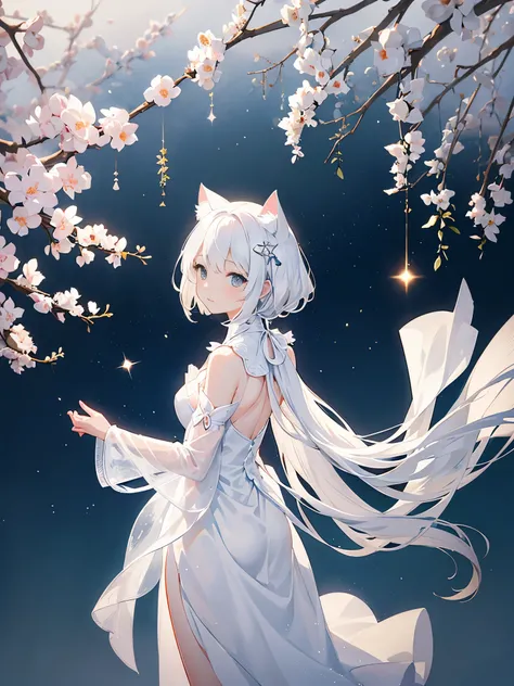 A girl with white cat ears，Mythical texture。 Wearing a transparent dress in white silk（White in red，focus）Expression setting joy，infatuation 。Action settings：in a standing posture，Turn around and look back at the camera（dream） Official image quality。Backgr...