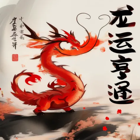 chinese painting of a Red Dragon with a chinese writing on it, a Red Dragon, Inspired by Li Shixing, Red Dragon, Gatōken Shunshi, Inspired by Xiao Yuncong, Inspired by Luo Ping, Inspired by Cao Buxing, Inspired by Li Gonglin, Inspired by Wang Mian, Inspire...