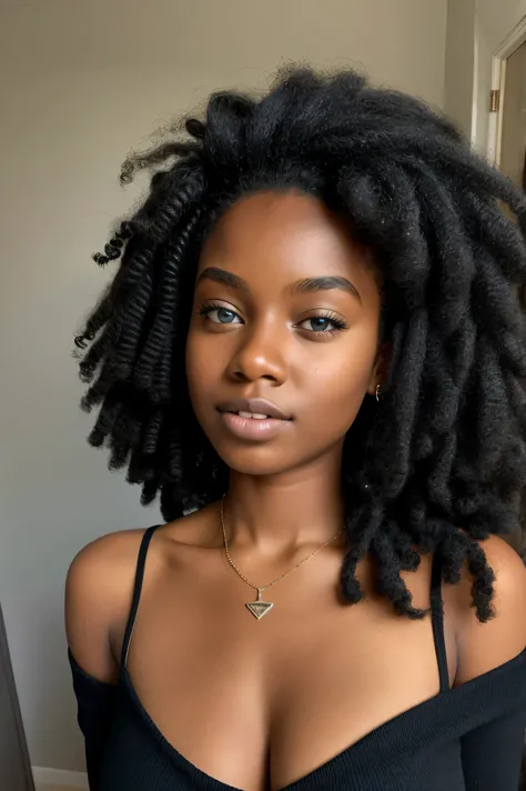 1 black girl in, age19, Solo, Long hair, Colossal tits, Looking at Viewer, afrohair, Bare shoulders, blue eyes, jewely, Full body,  Show  whole face detail , whole a necklace, off shoulders, Sweaters, Realistic, A sexy