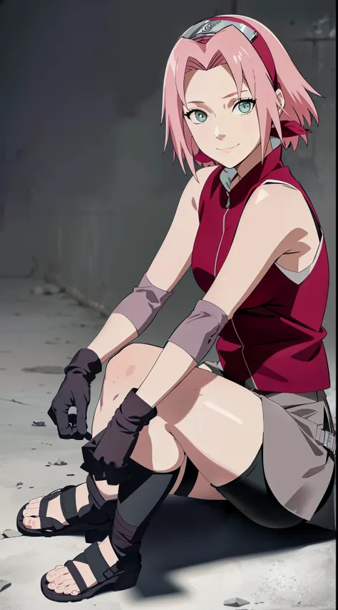 masterpiece, best quality, 1girl,haruno sakura, pink hair, short hair, green eyes, bike shorts, black gloves, hairband, sleevele...