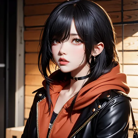 black bob hair　A girl wearing a tsundere red jacket and black skinny bonnet is coughing in pain due to a cold.　face is a little red