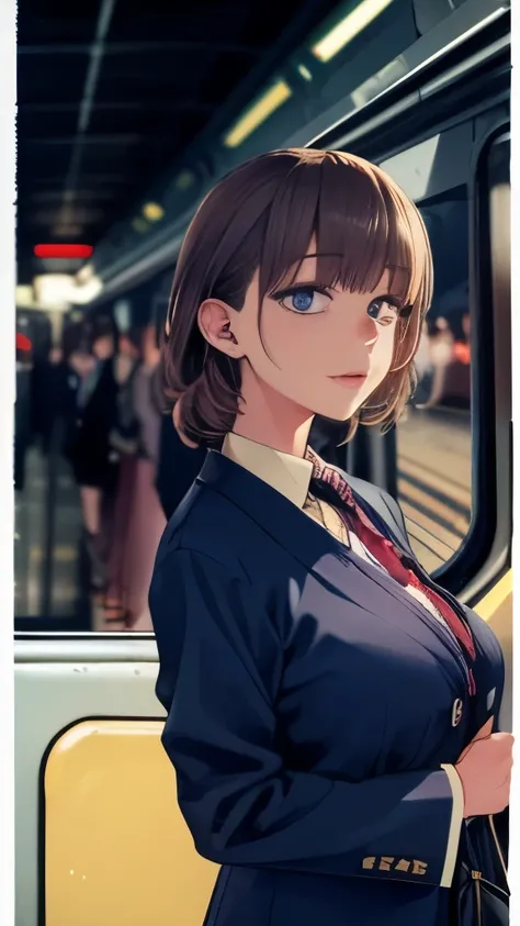 highest quality, realistic, 1 girl, woman,(skin dents), big breasts, (bright), (professional lighting, Bokeh), (crowded train), people々, crowd, Braided bangs, Japan  clothes, school uniform、 floating hair, (dynamic pose:0.6) , soft lighting、(full shot), La...