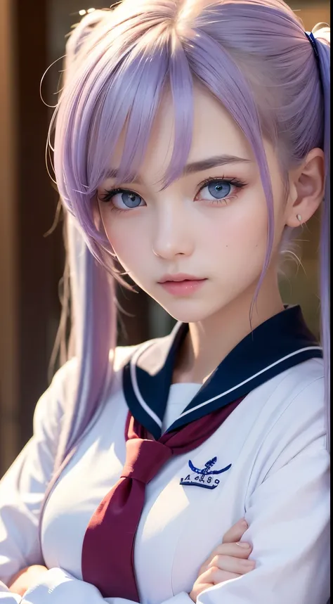 ((best quality, 8k, masterpiece :1.3)), sharp focus :1.2, 1 cute girl, (light purple hair), (long twintails), white sailor suit, red tie, highly detailed face and skin texture, ((detailed eyes)), ((beautiful eyes)), folding arms