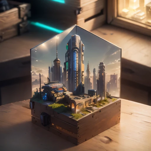 small realistic model, (8k, original photo, best quality, masterpiece:1.4),Steampunk Cyberpunk City,(Cyberpunk light:1.3),on the table,horizon (related to land),(in a small nature box:1.3),Isometric, small nature, landscape on foundation,landscape,