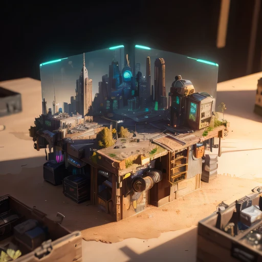 small realistic model, (8k, original photo, best quality, masterpiece:1.4),Steampunk Cyberpunk City,(Cyberpunk light:1.3),on the table,horizon (related to land),(in a small nature box:1.3),Isometric, small nature, landscape on foundation,landscape,