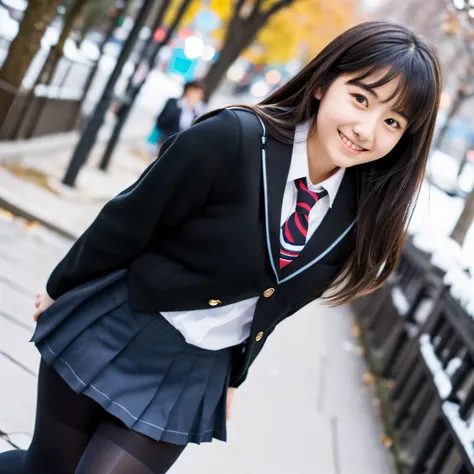 (masterpiece:1.2), super high quality, japanese girl, (super realistic), (super photographic style), 1girl, ((full body)),  straight hair, (18 years old), stylish body, (large tits), (cute face), (((school uniform))), (((thighs))), standing on a city stree...