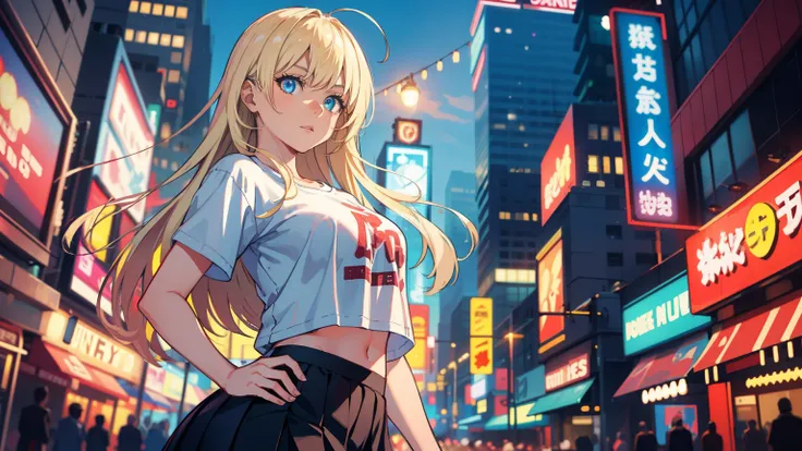 masterpiece, best quality, refined facial features, dynamic pose, nsfw, 1girl, platinum blonde hair, long hair, blue eyes, medium lively breasts, on the street, night, neon signs, white t-shirt, braless, pleated skirt, poker face, front view, standing, in ...