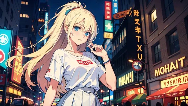 masterpiece, best quality, refined facial features, dynamic pose, nsfw, 1girl, platinum blonde hair, long hair, blue eyes, medium lively breasts, on the street, night, neon signs, white t-shirt, braless, pleated skirt, poker face, front view, standing, in ...