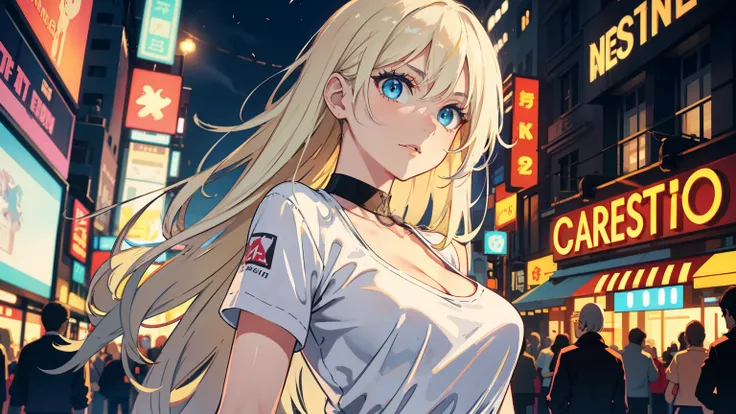 masterpiece, best quality, refined facial features, dynamic pose, nsfw, 1girl, platinum blonde hair, long hair, blue eyes, medium lively breasts, on the street, night, neon signs, white t-shirt, braless, pleated skirt, poker face, front view, standing, in ...