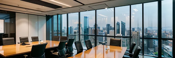 An elegant, strategic office environment where experts engage in discussions around a central conference table.. Design that combines elegance and functionality, Features transparent partitions, Large windows with city views, strategic wall display. Subtle...