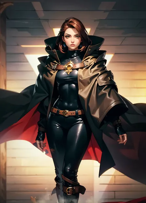 A woman with short reddish-brown hair, a determined gaze, her upper body is enveloped in a heavy cloak with leather accents, the cloak covers the lower half of her face, a tight-fitting long leather trench coat with ethnic-style details at the hem undernea...