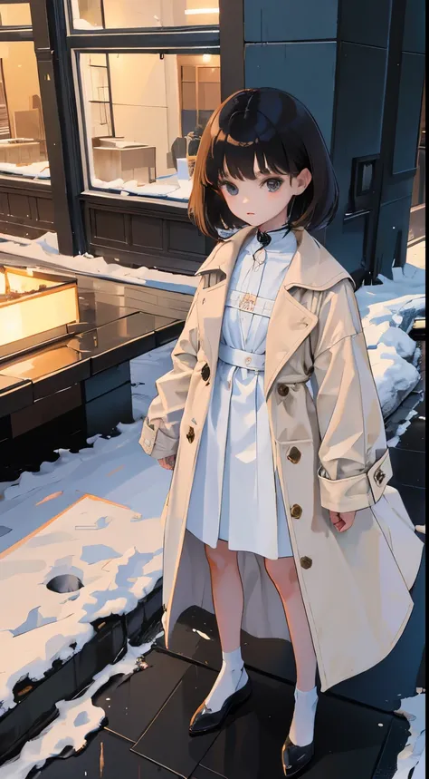 (short cute girl，small young student，young delicate girl）,（masterpiece，Top quality)，duffle coat，(Light brown coat)，black hair，snowfield