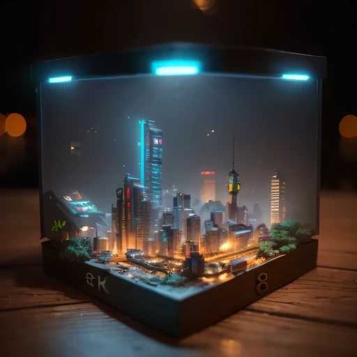 small realistic model, (8k, original photo, best quality, masterpiece:1.4),Steampunk Cyberpunk 2099 City,(Cyberpunk light:1.3),on the table,horizon (related to land),(in a small nature box:1.3),Isometric, small nature, landscape on foundation,landscape,