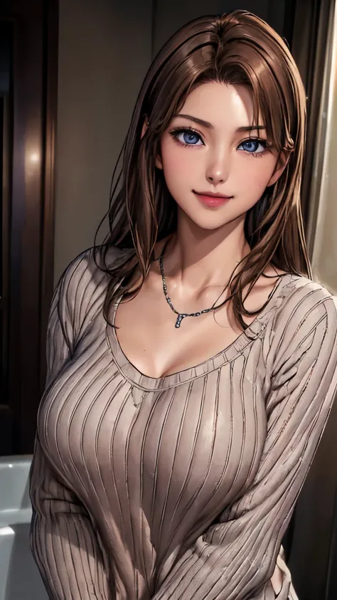 ((night、realistic light、highest quality、8K、masterpiece: 1.3))、1 girl、slim beauty: 1.4、(brown hair、medium breasts: 1.3)、Pink long sweater: 1.1、Bathroom、extra thin face、delicate eyes、 double eyelid、smile、necklace、brown eyes