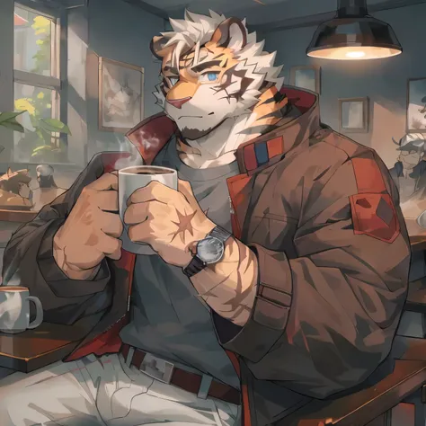 anime style illustration of a tiger drinking a cup of coffee, cozy cafe background, full body commission, pov furry art,  human ...